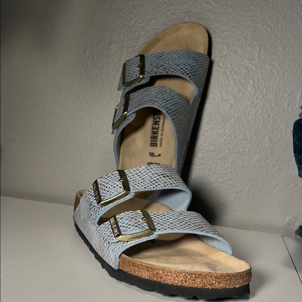 New/Never Worn Birkenstock Blue Sandals with Adjustable Straps and Cork Footbed